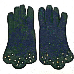Vintage Ladies Dressy Black Suede Gloves White Rhinestones Hansen 6 Wrist Length